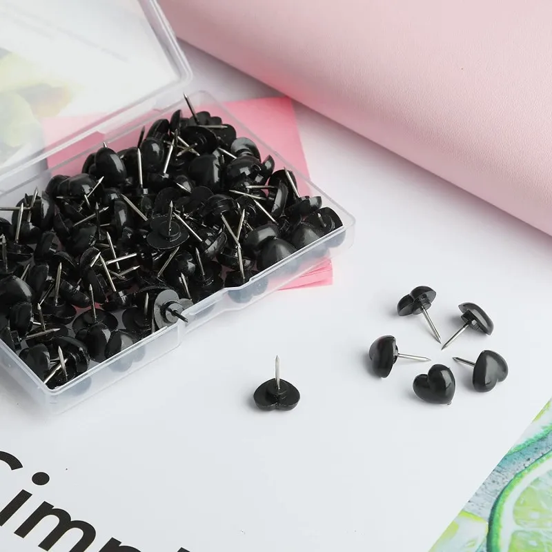 100pcs Per Box Plastic Black Heart Shape Pushpins Thumb Tacks Decorative Push Pins for Cork Board