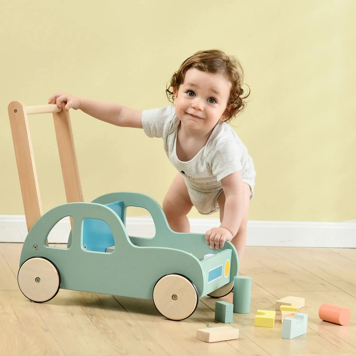 Model Solid Wheels Kids Small Car Wooden Toys Baby Walkers with Building Blocks