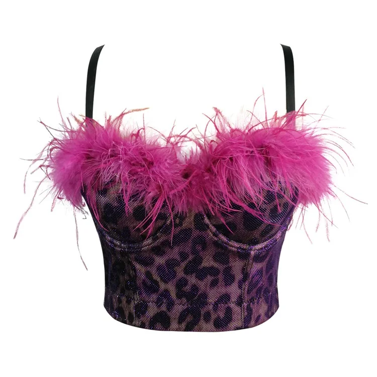 New Feather Vintage Leopard Printed Women Straps Vest Bustier Bra Corsage High Fashion Lingerie Sexy Steel Bone Corset Top Fur