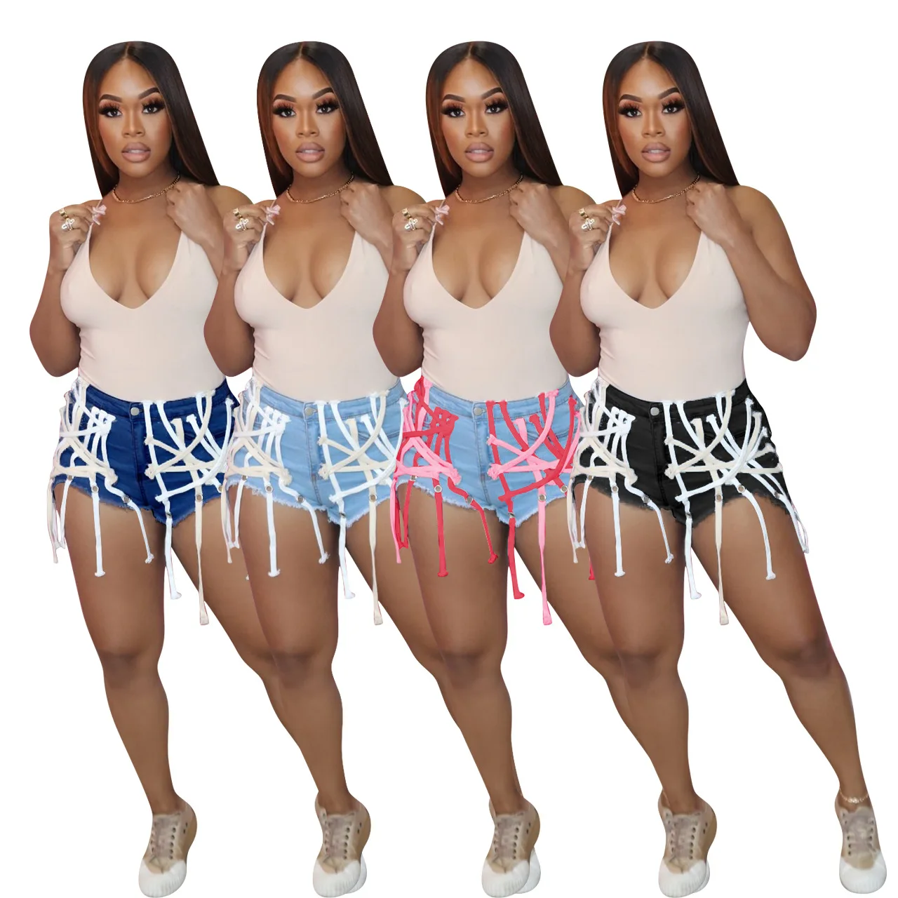 W-S293A Fashion Girls Denim Shorts 2021 Summer Zipper Hollow Out Bandage String Tassels High Waist Casual Jeans