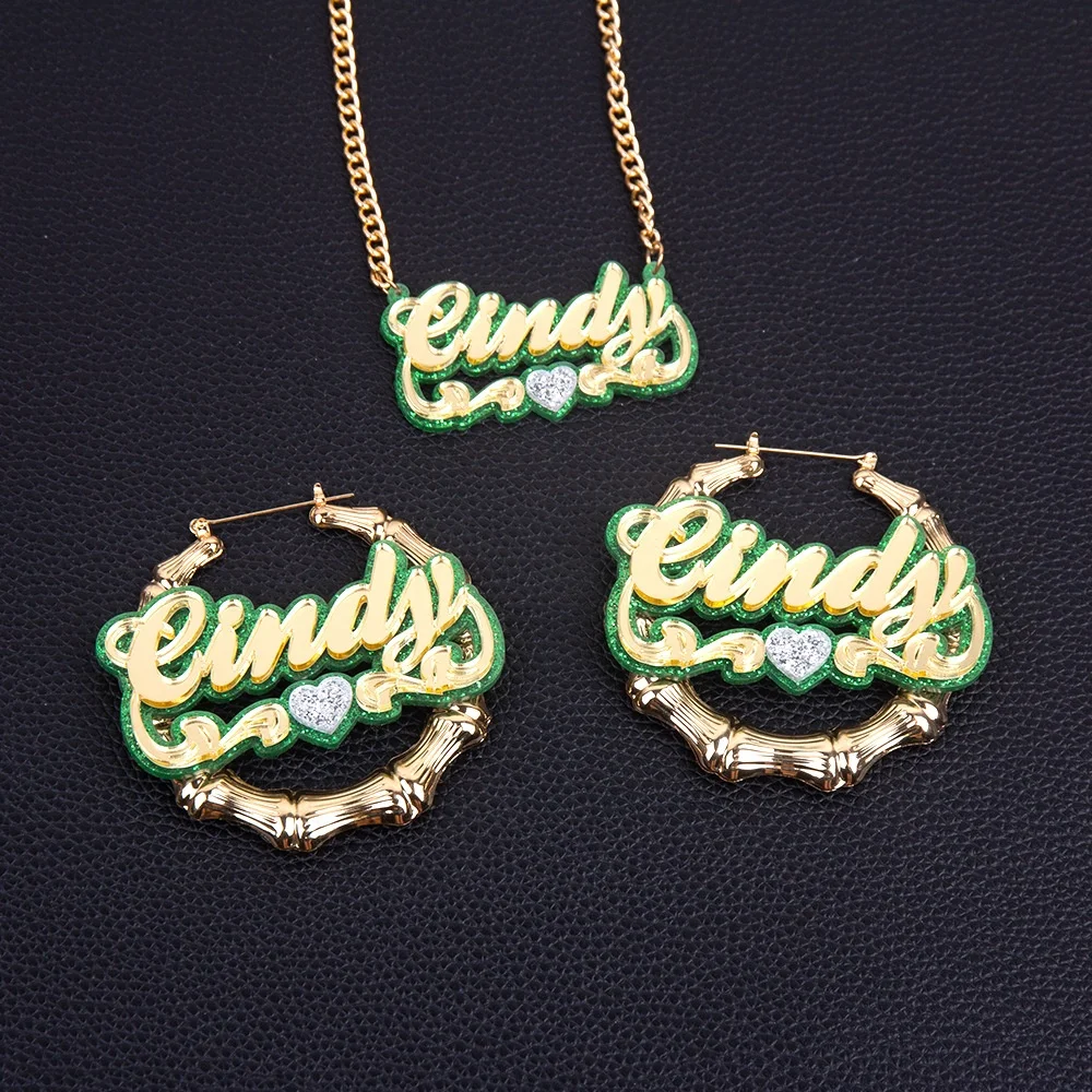 2022 New Double Plated Colorful BlingBling Summer Mirror Green Name Necklace Custom Acrylic Pendant Bamboo Hoop Earrings Set