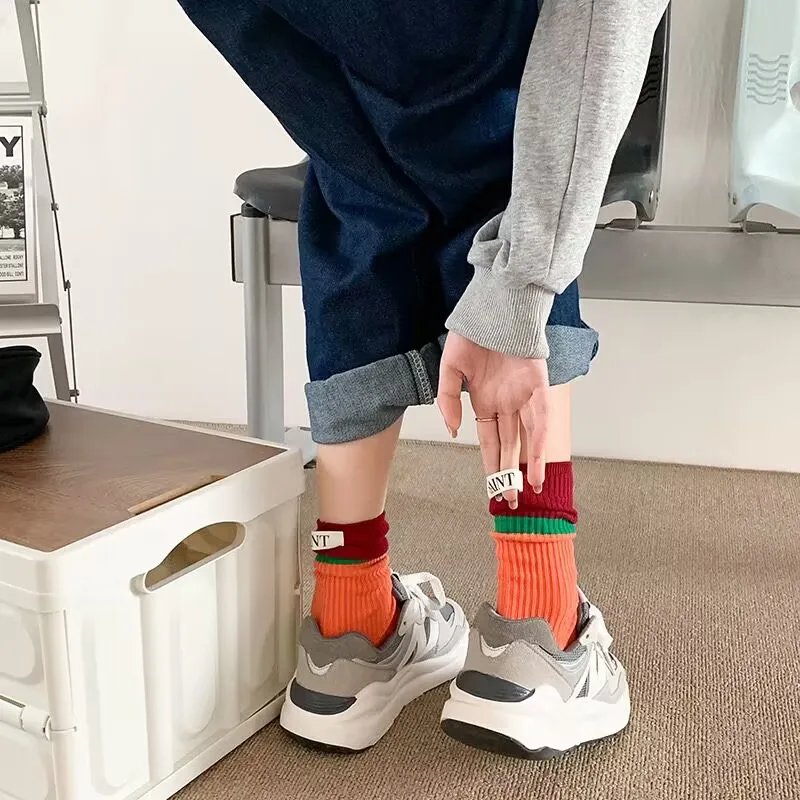 Korean Autumn Trend Letters Cloth Label Colorful Stockings Cotton Knitted Fashion Sports Women Tube Socks
