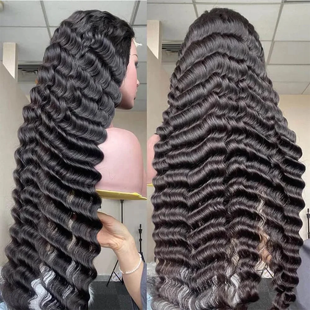 Wholesale Vender long Deep Wave Brazilian hair 13x6 pre plucked hd transparent lace frontal wig for black women