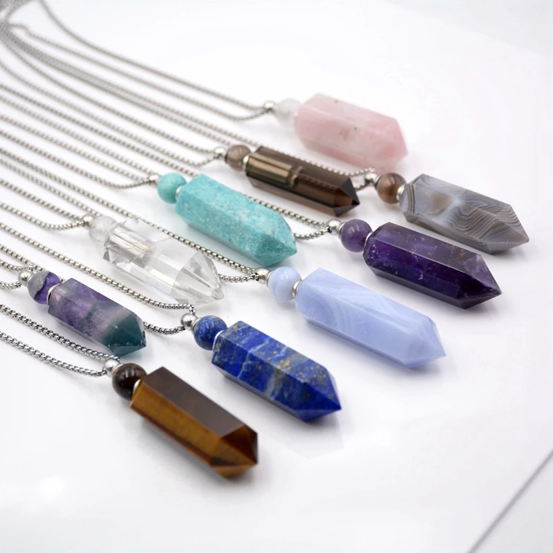Hexagon Bullet Prism Perfume Bottle Pendant Genuine Gemstone Necklace Smoky Quartz Point Bottle Diffuser Stainless steel Jewelry
