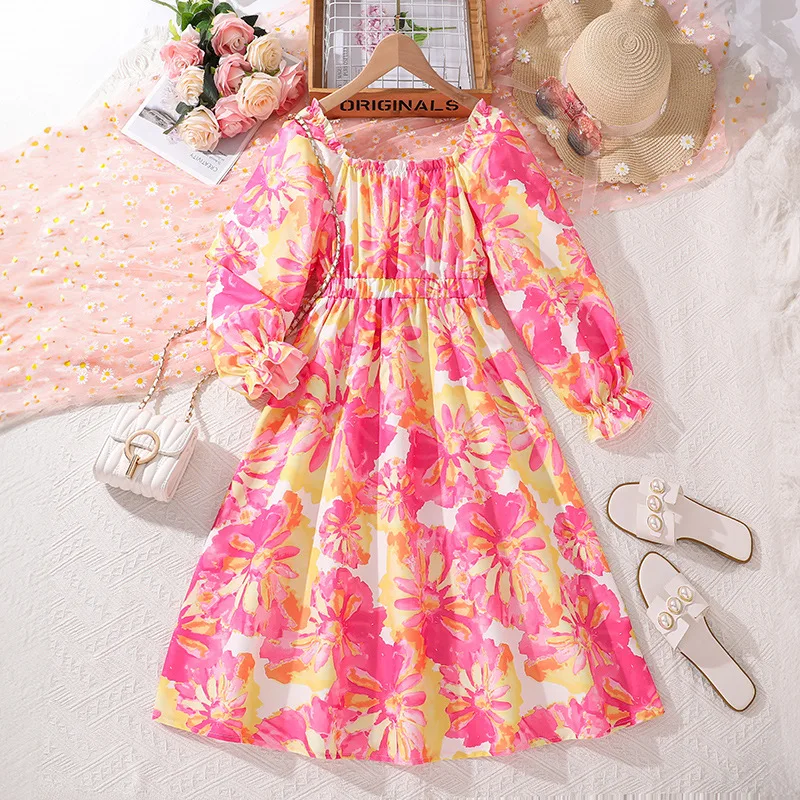Fashional Kids Girls Clothing Casual Long Sleeved Flower Printing Beautiful Dress For Children