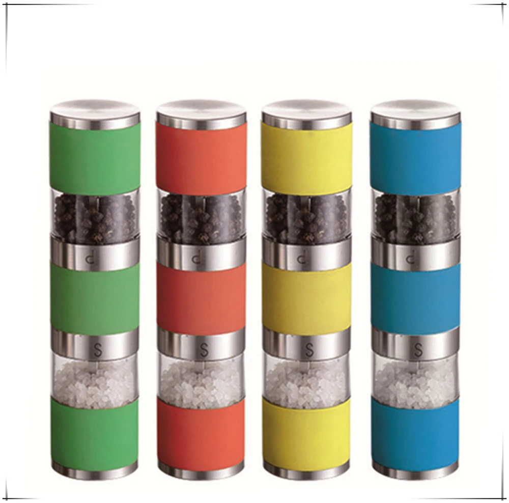 2-in-1 Dual Manual Salt and Pepper Mill Double-Ended Design with Metal Ceramic Plastic Materials Boxed Home Use Handle Style