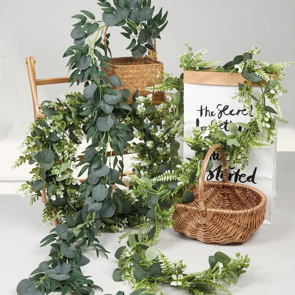 Artificial Plant Vines Wall Hanging Rattan Leaves Branches Outdoor Garden Home Decoration Plastic Fake Silk Leaf Green Plant