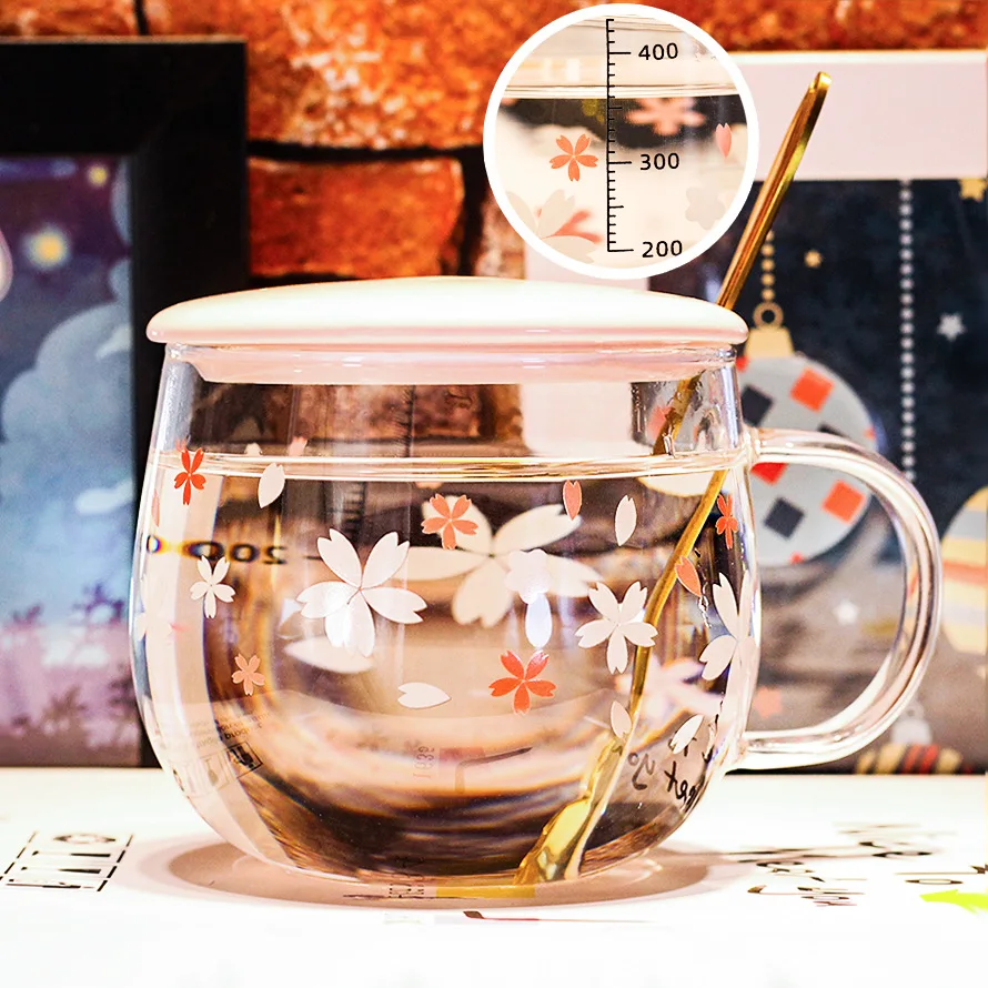  Sakura with a single layer of tea lid cute transparent heat-resistant milk graduated glass