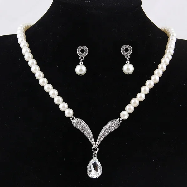 
New elegant womens crystal pendent silver jewelry pearl set 