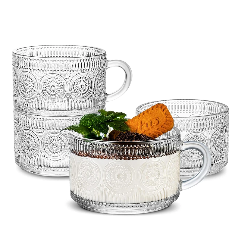 Vintage Coffee Mugs 14 oz Set of 4 Glass Tea Cups Stackable Embossed Glass Cups for Cappuccino