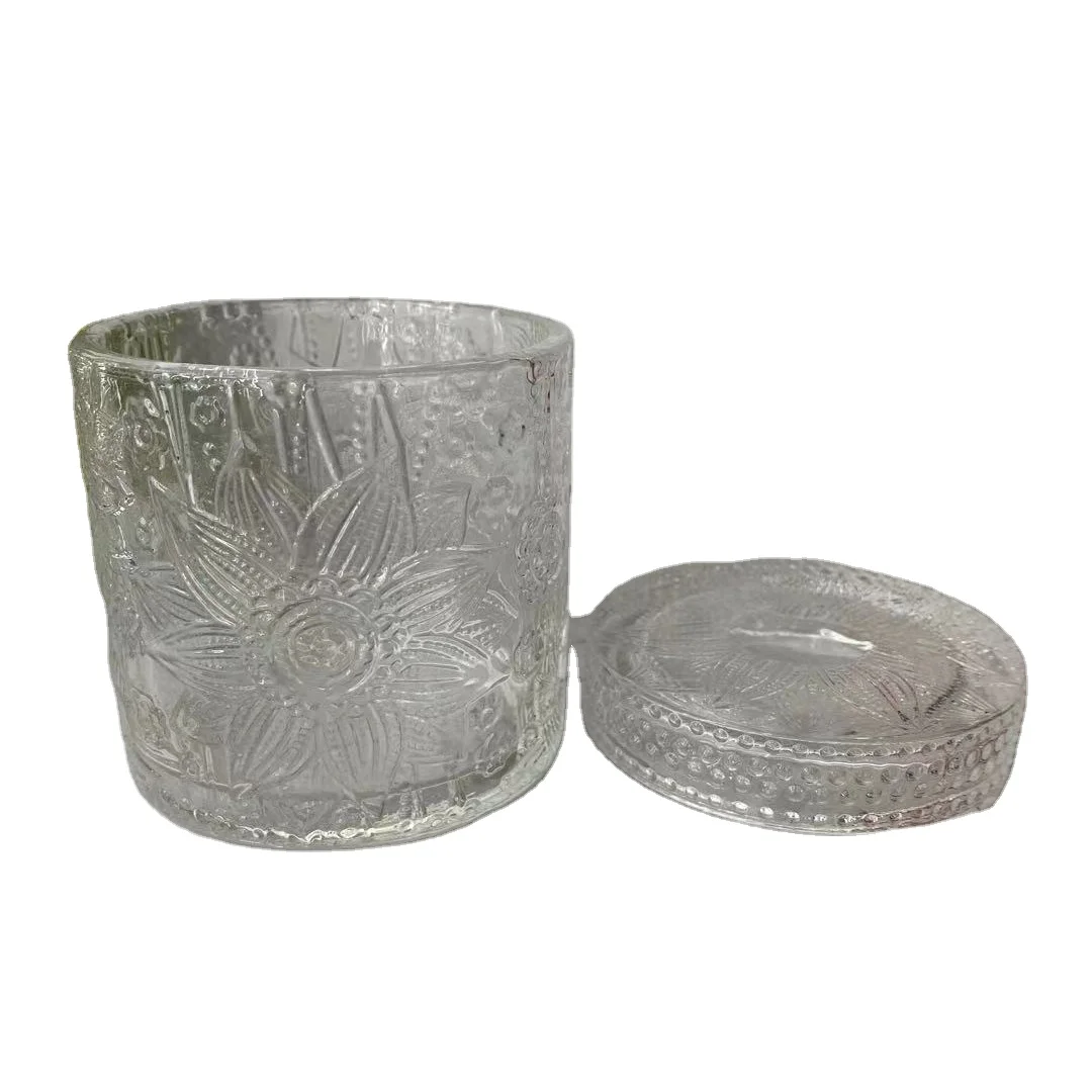 
Cylindrical embossed printing glass candy jar cotton swab box with lid for wedding holiday and home 