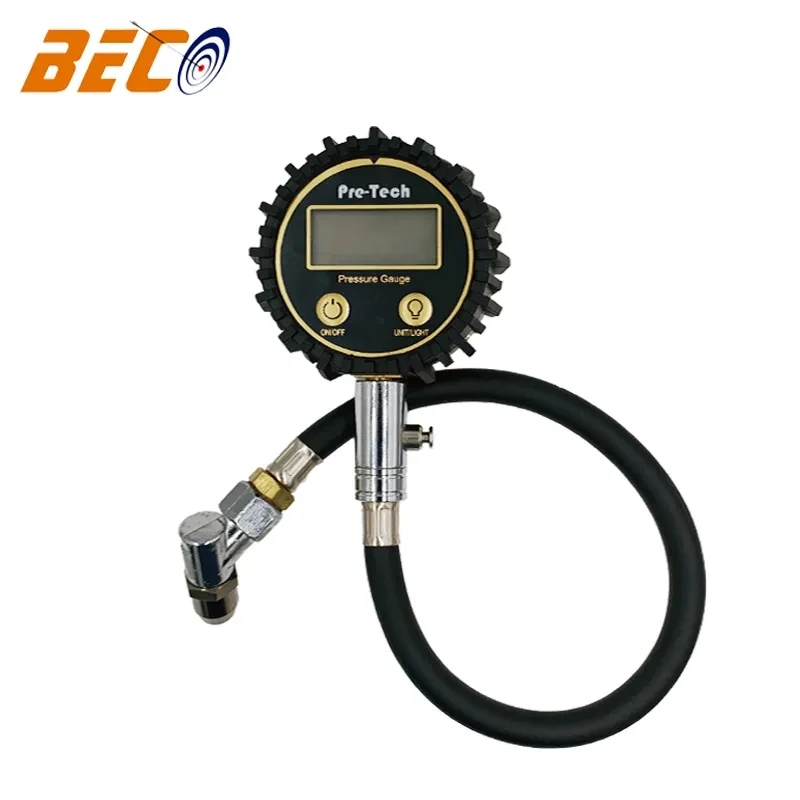 Golden Case Black Extended Rubber Hose Digital Tire Pressure Gauge With Pistol Air Chuck And Air Release Button