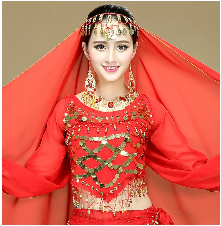 Long Sleeve Chiffon Crocheted Gold Sequins Blouses Top for Adult Lady belly dancing Performance Costumes