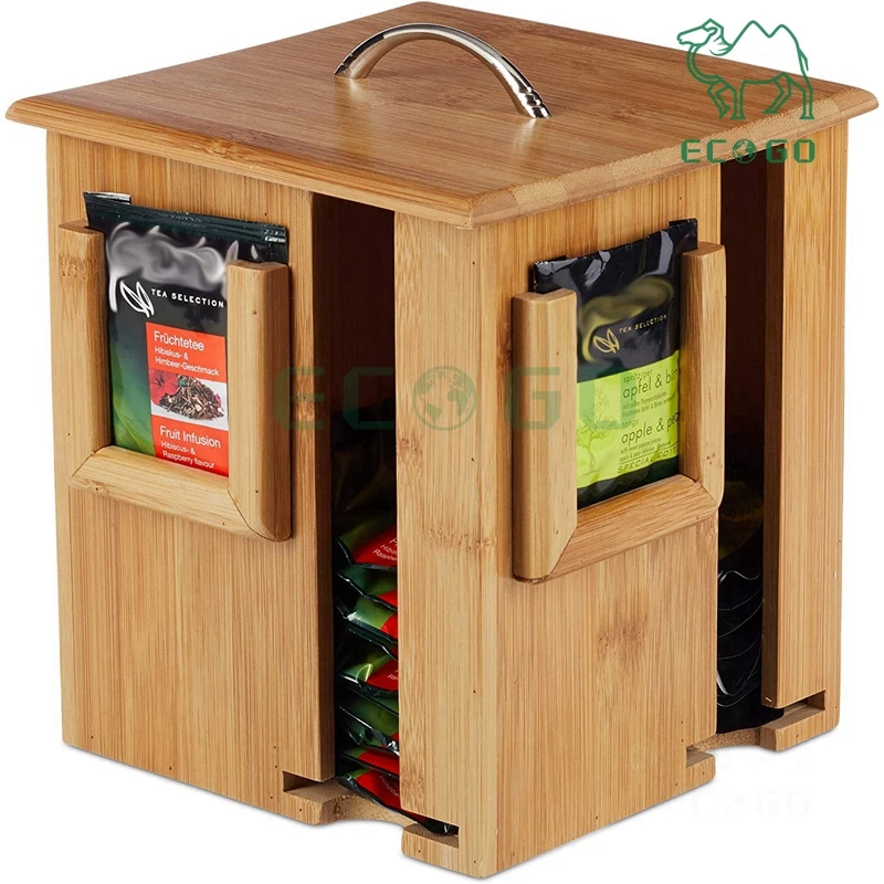Wholesale Durable Bamboo Tea Box Revolving Tea Container With Removable Lid Natural Wood Tea Storage With 4 Compartments