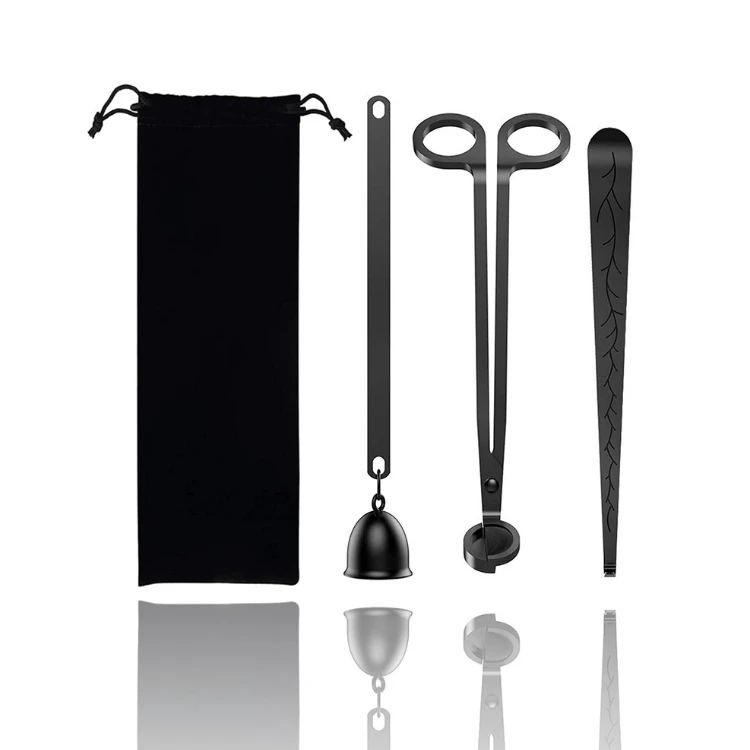Engraved Logo 4pcs Black Candle Care Kit Wick Dipper Trimmer Tray Set With Velvet Bag