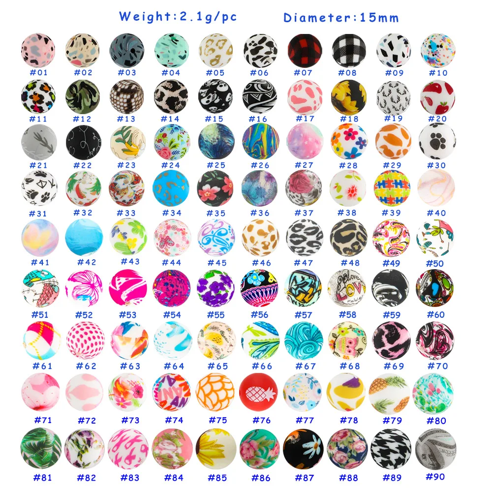 Kovict new arrivals 15mm Silicone Print Bead  BPA Free Baby Teething Round Ball Pearl DIY Accessories printing bead