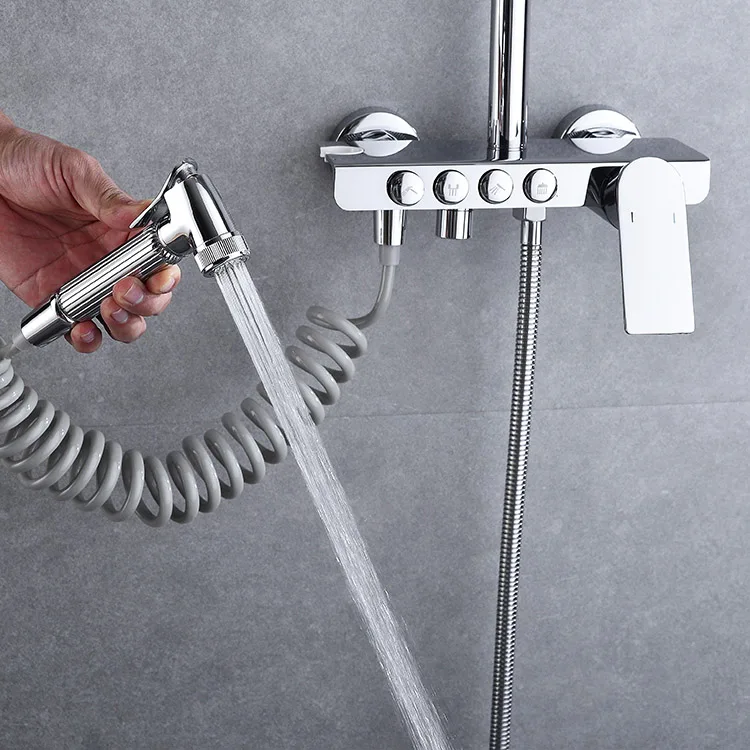 wall mounted 4 functions button control shower set with rainfall head single handle bathroom shower with Sprayer