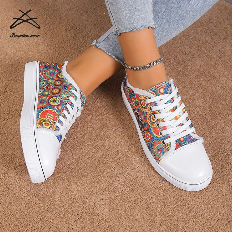 Womens Fashion Girls Flower Printed Canvas Shoes Students Ladies Casual Sneakers Summer Lace Up Skateboard Trendy Rubbers Shoes