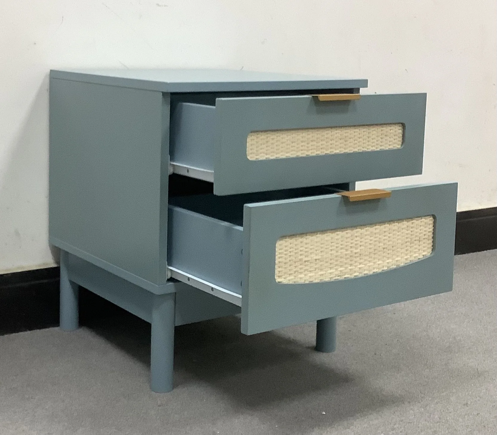 Modern Real Rattan Wooden Bedside Nightstand Side Table with 2 rattan cabinet Drawers Design Blue Customized Wood Style