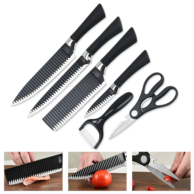 Feixiong Wholesale 6PCS Non Stick Stainless Steel Kitchen Knife Set With Scissor Coating Chef Knife Kitchen Knives