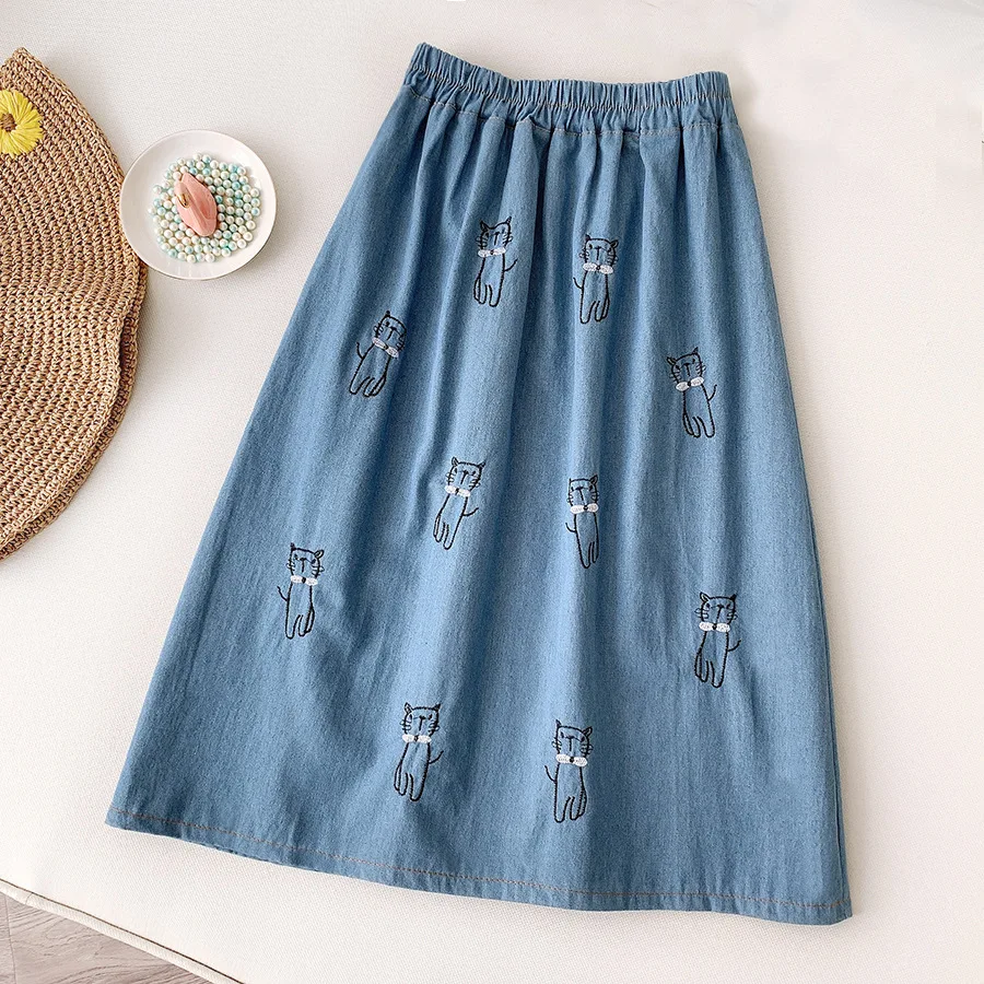 Wholesale Casual Ladies Women Cat Embroidery Elastic Waist Long Denim Jeans Skirts