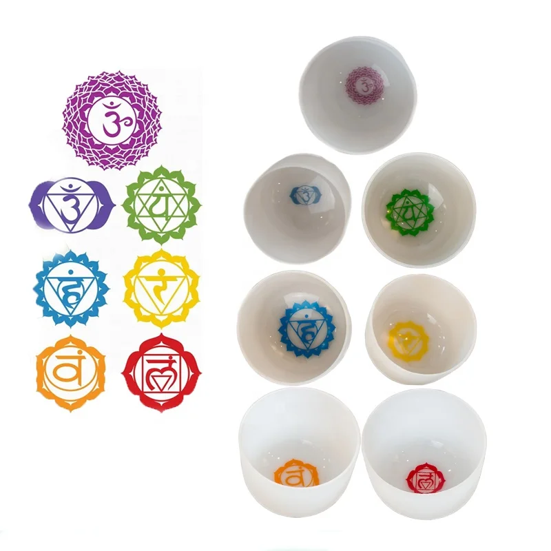 8 To 14 Inch Seven Color Chakra Pattern Crystal Singing Bowls Set With Case For Sound Healing