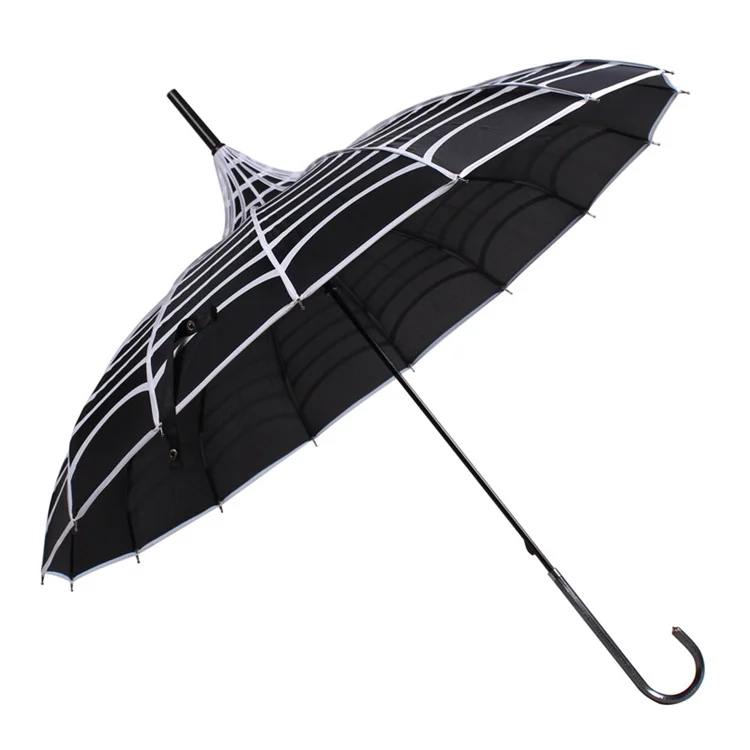 2022 190T Pongee 22IN*16K Spider Pattern Umbrella with Trim Wholesale Hand Open Stripes Pagoda Umbrella Straight Umbrella