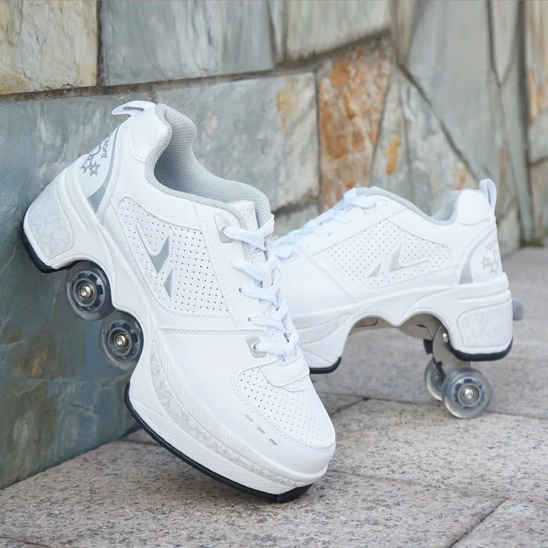 Deformation Walking   Rollershoes Outdoor Sports Kick Out Spinning Top Roller Skates Shoes with Retractable 4 Wheels