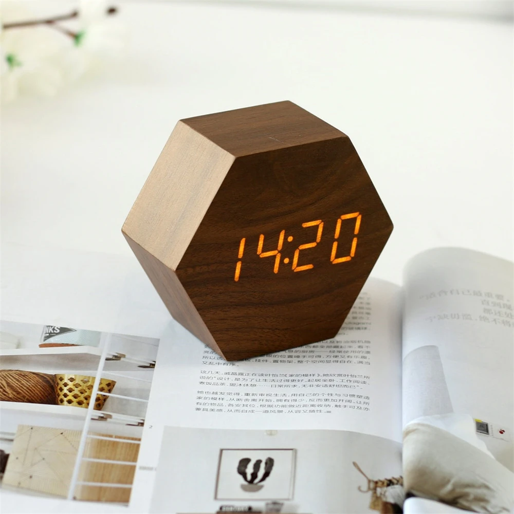 Marble Pattern table led number clock Digital Wooden LED Temperature Alarm Clock Wood Retro Glow Desktop Clock