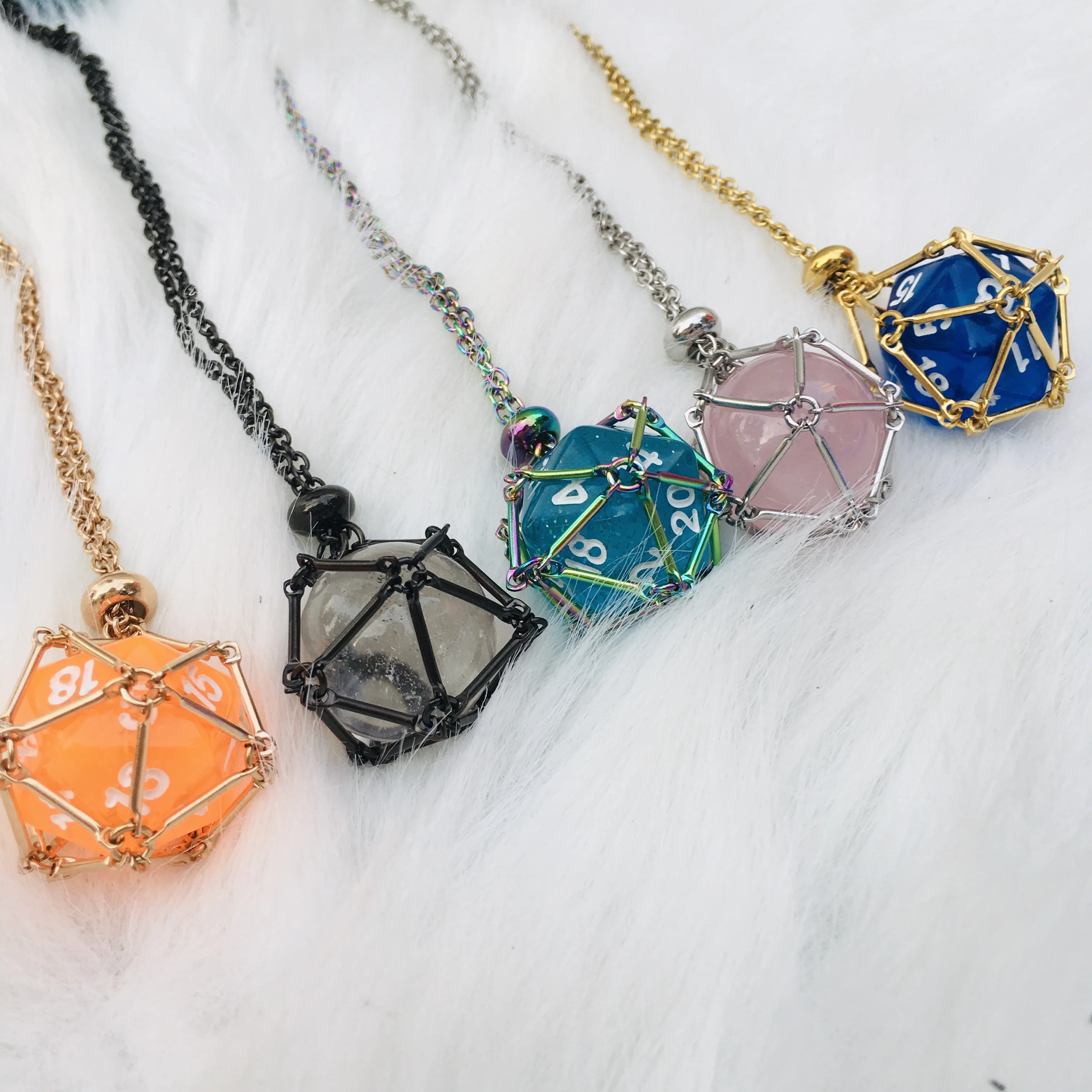 D20 Dice Necklace Handmade Stainless Steel Crystal Gemstone Pendant Pouch Holder