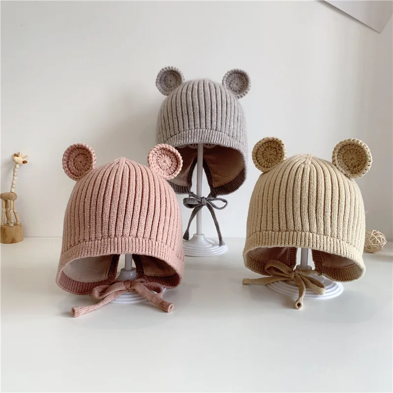 WD-A573  Toddler Winter Knitted Cotton Lined Hat With Ears Knit Beanie Hat Baby Winter Hat For Girls