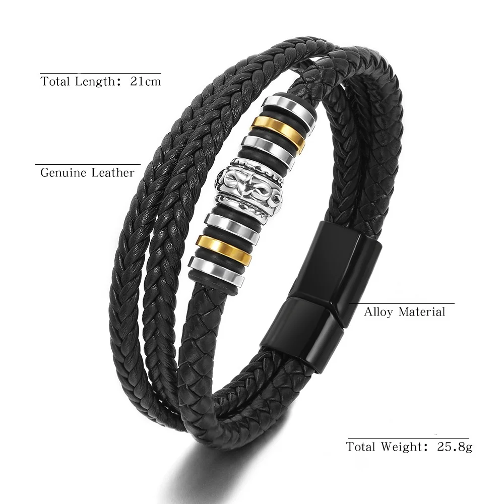 Wholesale Luxury Men Retro Jewelry Custom Multi Layer Braided Alloy Clasp Leather Bracelet