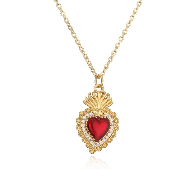 Hot Selling Dainty Choker Red Zircon Stone Necklaces Gold Plated Jewelry Women Mother Angel Heart Necklace