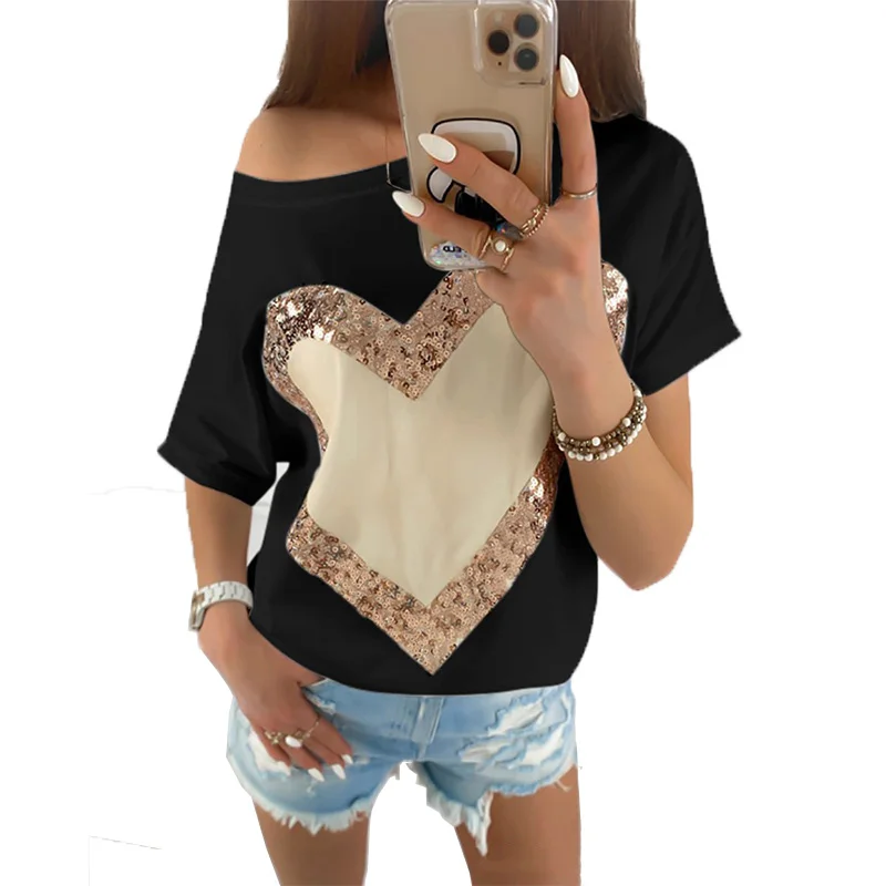 Summer Off Shoulder Short Sleeve Blouse Sexy Love Sequin Print Shirt Women Boat Neck Ladies Casual Tee