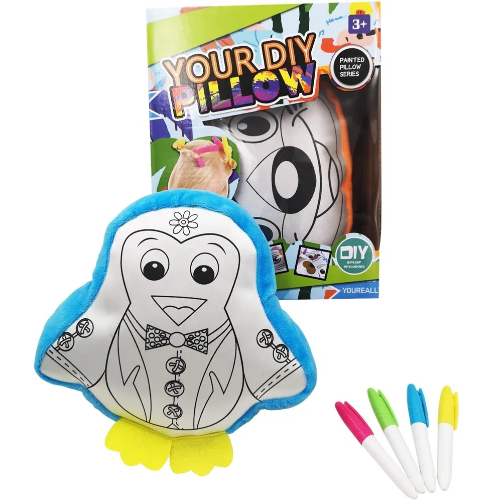 kids  diy washable  education toys plush satin animal penguin shape colouring  pillow toys for children