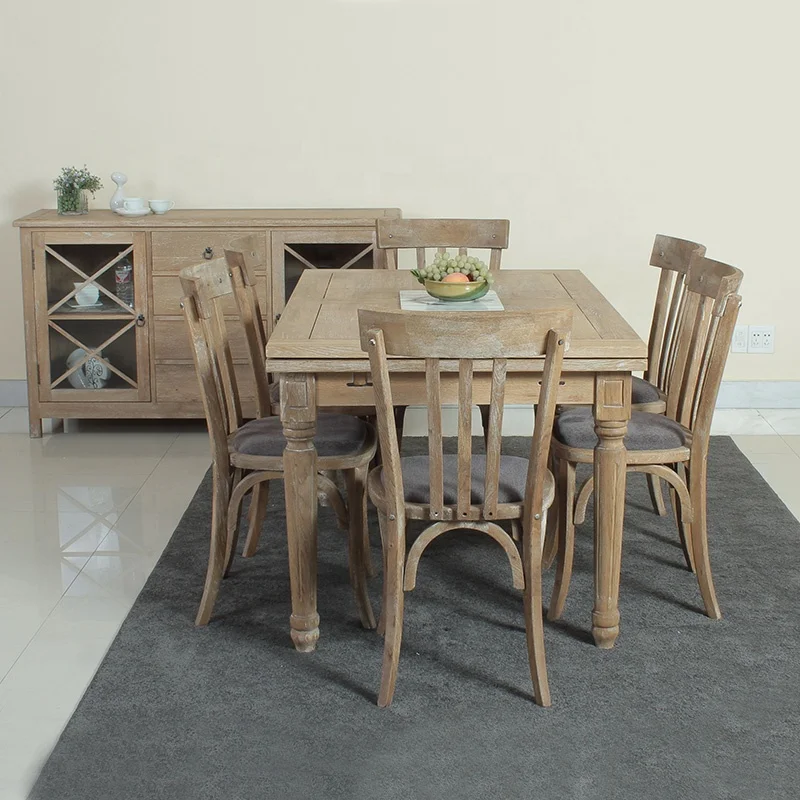 Hand carved rustic solid wood restaurant use  table and chairs extension dining furniture (DT-515F-OAK)