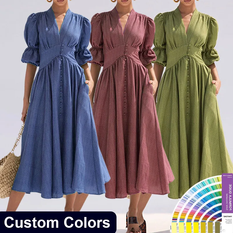 Designer Summer Fashion V Neck Short Sleeve Linen Maxi Dress Custom Women Casual Dresses