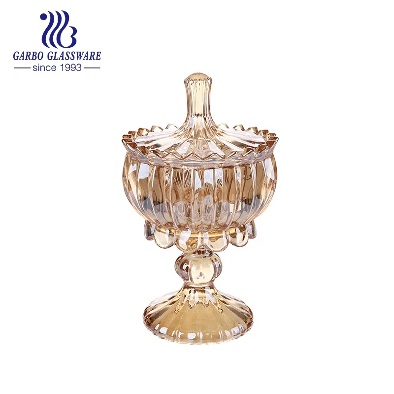 Ion plating amber glass sugar candy pot with lid India Indonesia hot selling table decoration delicate glass candy storage jar