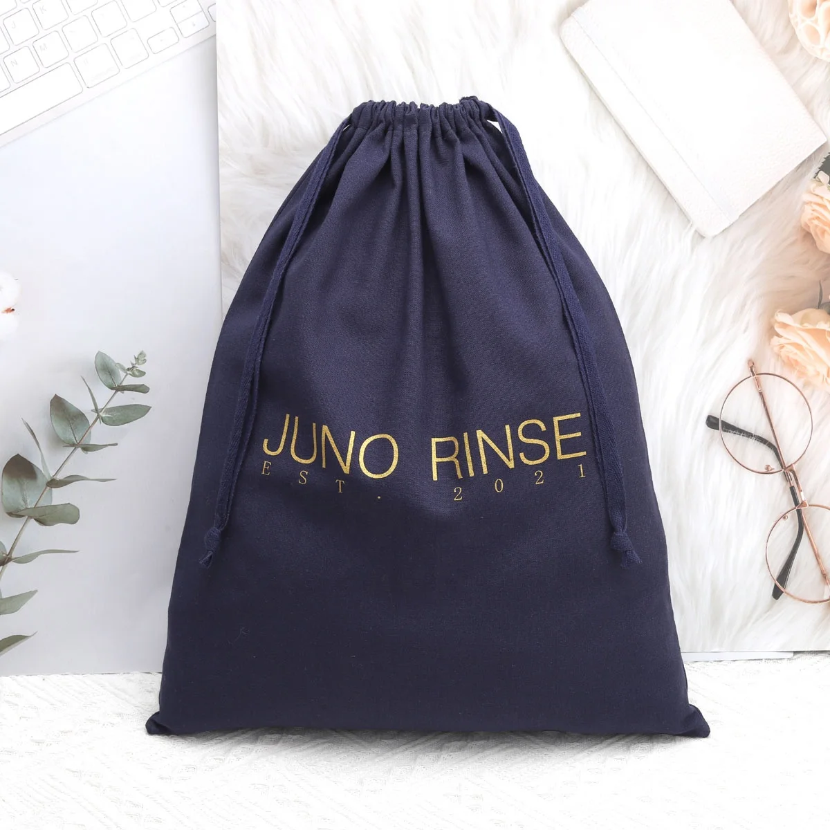 Custom Logo Printing Blue Canvas Dust Shoe Clothing Packaging Pouch Large Luxury Promotion Cotton Drawstring Shopping Bags