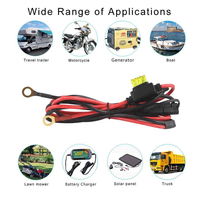 12-24V battery Charger 15A fuse SAE to O Ring Terminal Extension cable for vehicle outdoor equipment