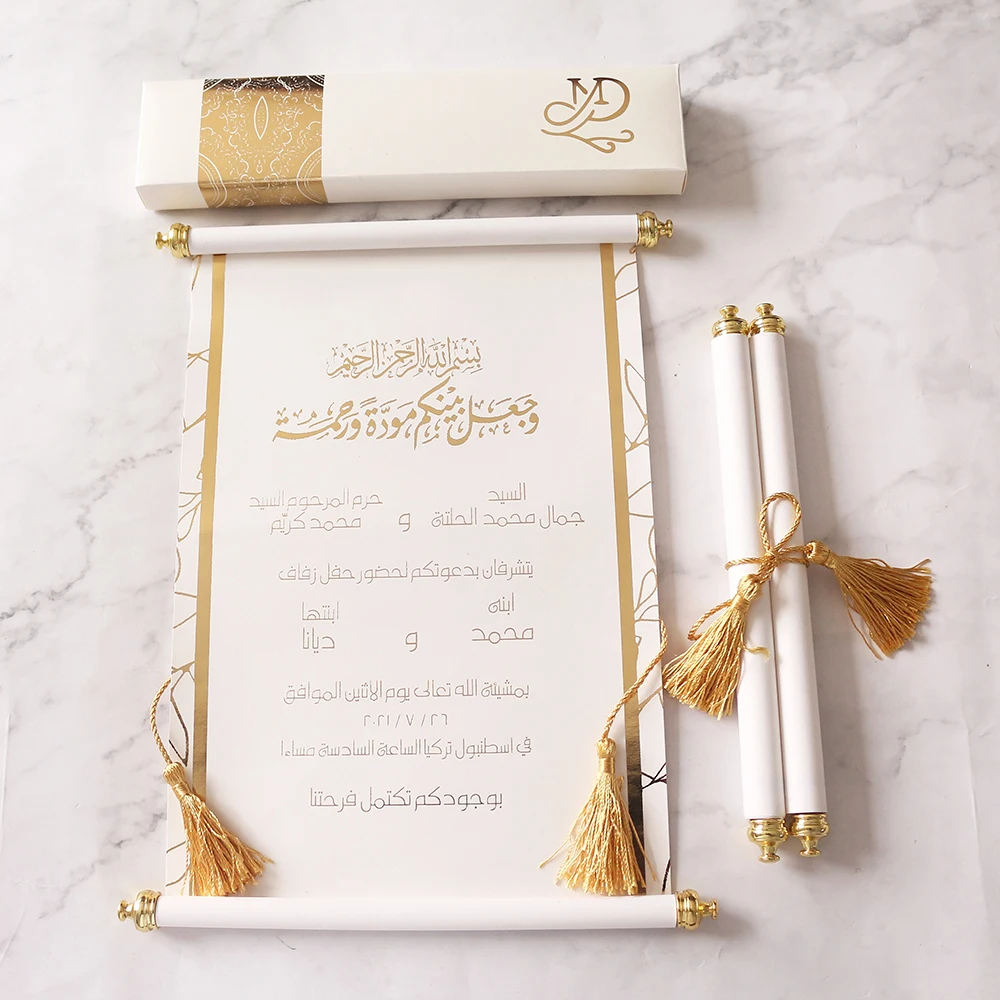 Hot Selling Royal Scroll Menu Card With Hot Stamping Foil Tassel Luxury DIY Wedding Scroll Invitations