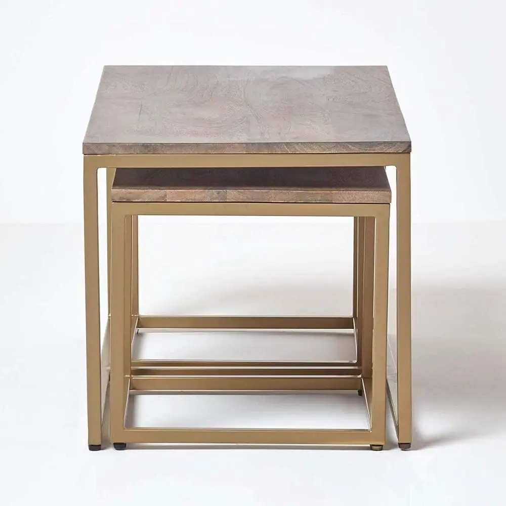 Coffee Table with 2 Nesting Tables 90 cm Wide Grey Finish Mango Wood and Metal Urban Nesting Tables Multi-Functional Modern