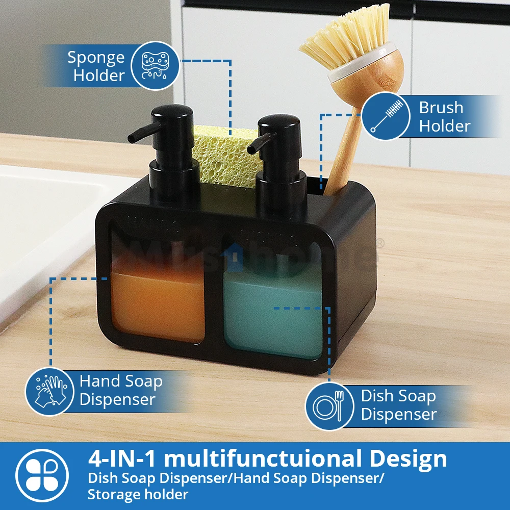 Masthome 4 In 1 Sink Organizer Kitchen Liquid Soap Dispenser Kitchen Sink Caddy Hand Dish Soap Dispenser Sponge Holder