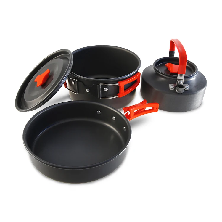KingGear Outdoor Cooking Pot Pans Portable Camping Cookware Mess Kit 3 in 1 Camping Cooking Set Aluminum Cookware Sets