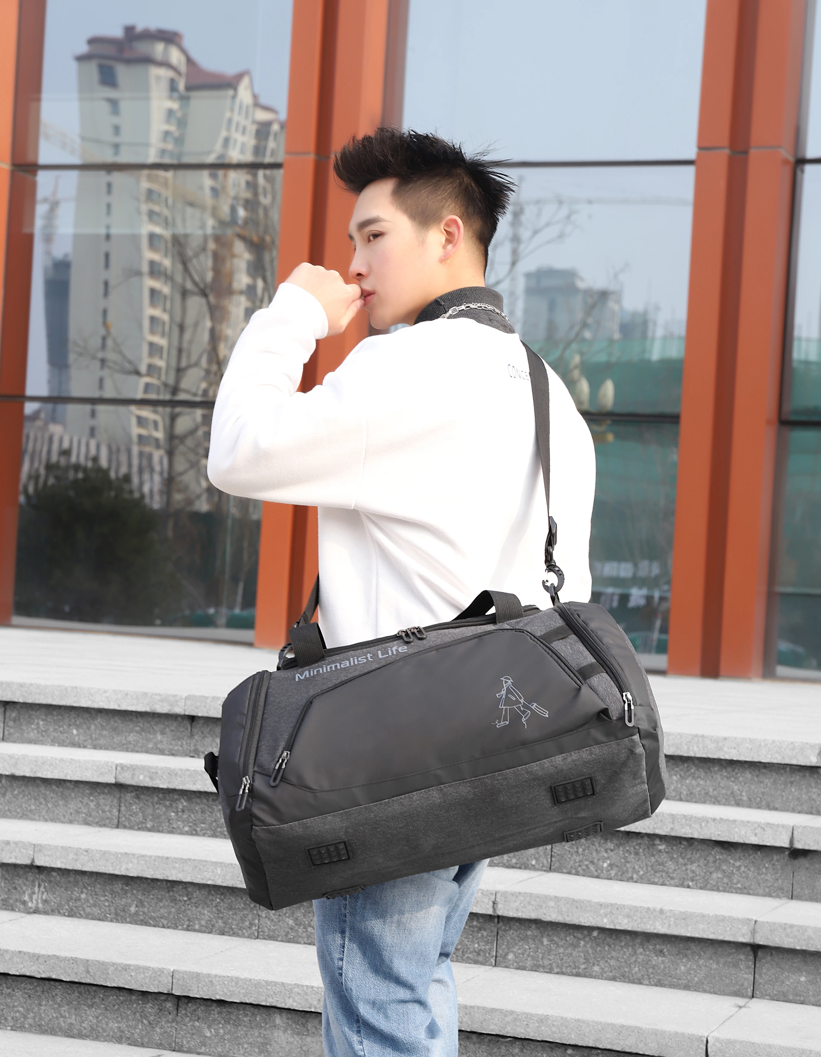 Travel Outdoor Weekender Duffle Luggage Bag for Man Fashion Custom Geometric OEM Feather Item Style Crocodile Pu Leather Black