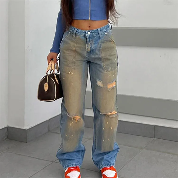 OJW101104 New design Ladies Trousers Pants For Women vintage Wash Jeans with high quality