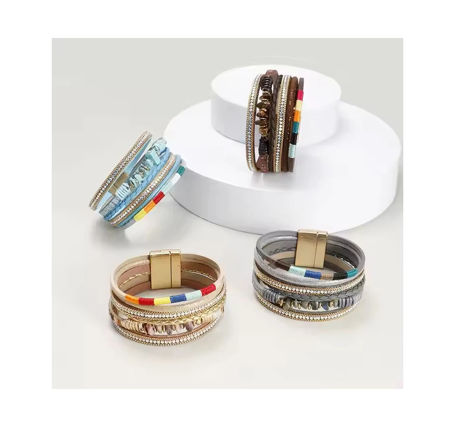 Wholesale Irregular Crushed Turquoise Bohemia Bracelet Handmade Colorful Rope Woven Multi-Layer Leather Bracelet For Women