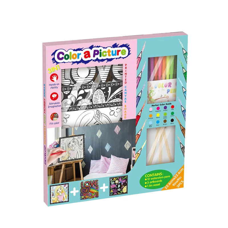 Children easel drawing wooden board early learning products coloring poster for kids diy toys with 12pcs water color pens