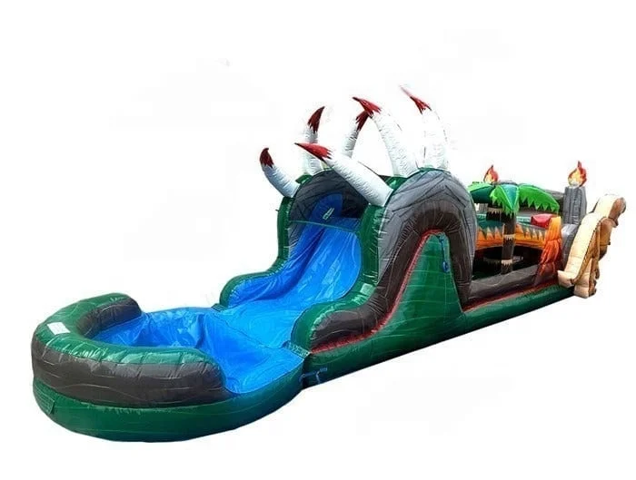 36ft Inflatable dinosaur obstacle wet/dry slide combo Inflatable Jurassic Bouncy Castle Jungle Bouncer Slide with Water Pool