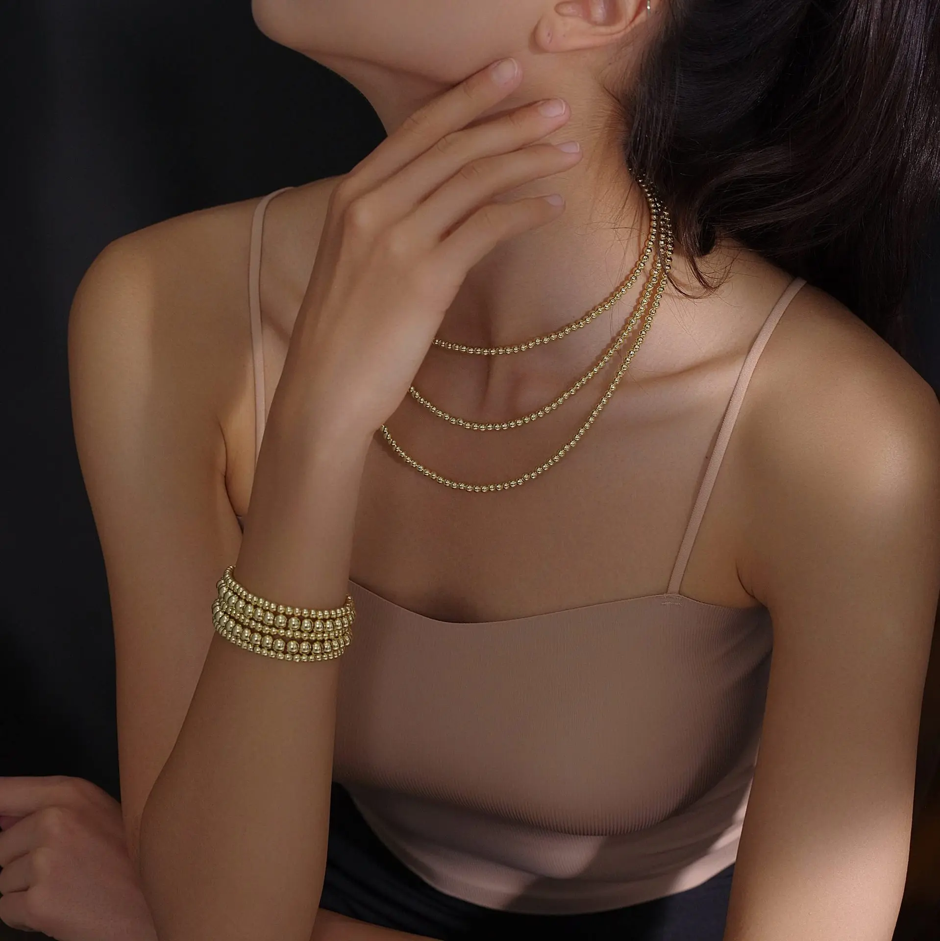 4mm 6mm 8mm Stackable 18K Gold Plated Stretch Beads Ball Bracelet Fashion Simple Stainless Steel Beaded Bracelets for Women